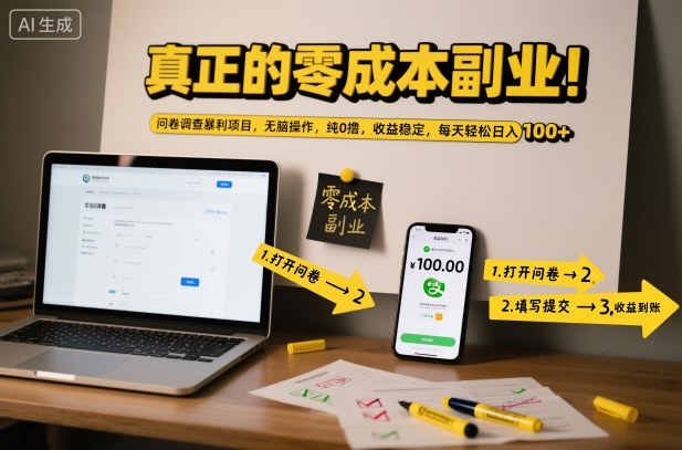 真正的零成本副业！问卷调查暴利项目，无脑操作，纯0撸，收益稳定，每天轻松日入100+【揭秘】-神游资源网