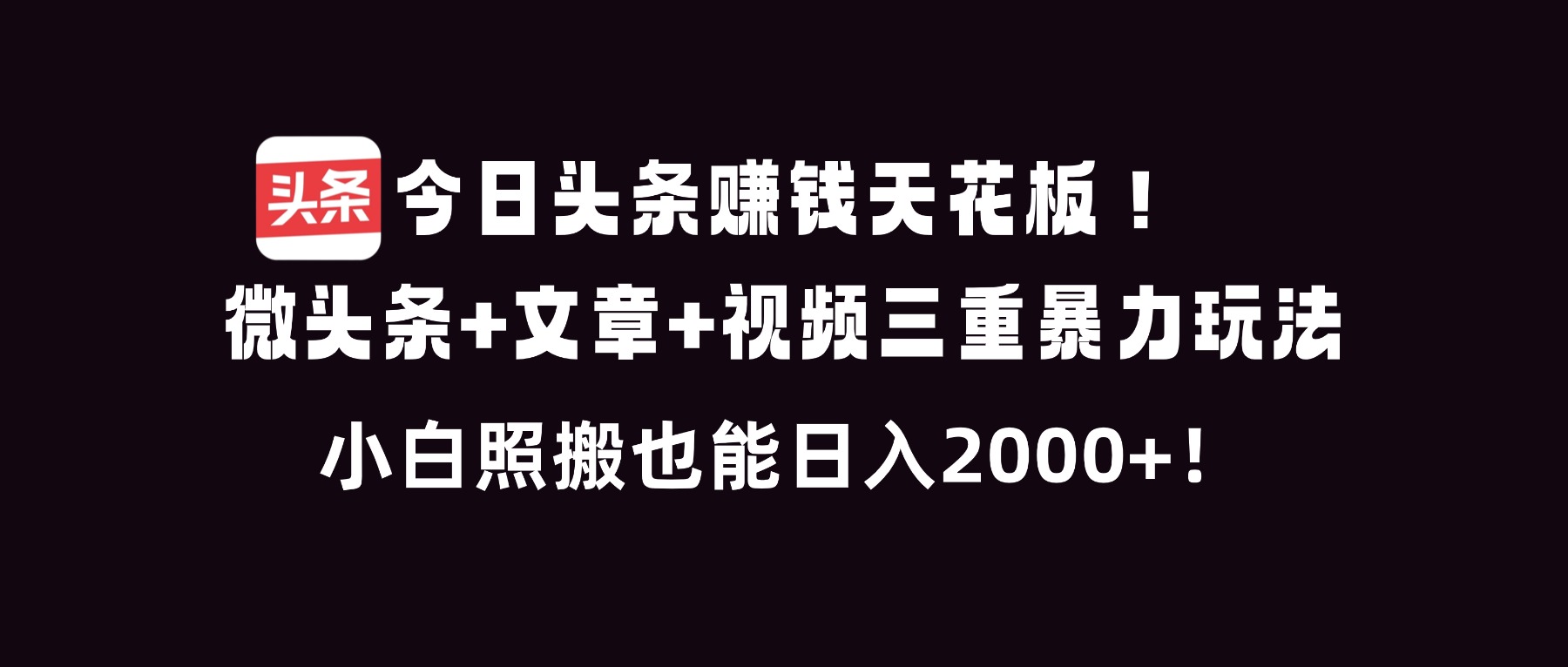 今日头条赚钱天花板！微头条+文章+视频三重暴利玩法，小白照搬也能日人2000+-神游资源网