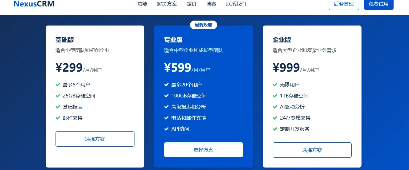 专业的 2B 企业级 CRM 产品宣传网站。网站采用蓝色主题