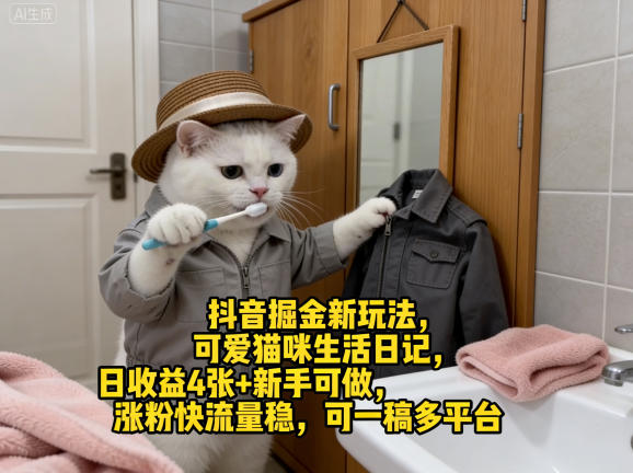 抖音掘金新玩法，可爱猫咪生活日记，日收益4张+新手可做，涨粉快流量稳，可一稿多平台-神游资源网