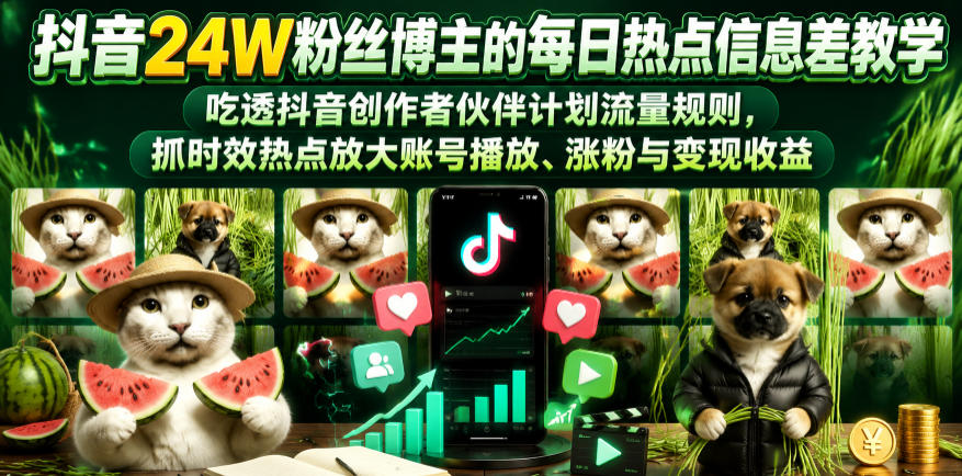 抖音24W粉丝博主的每日热点信息差教学，吃透创作者伙伴计划流量规则，抓时效热点放大账号播放、涨粉与变现收益(更新)-神游资源网