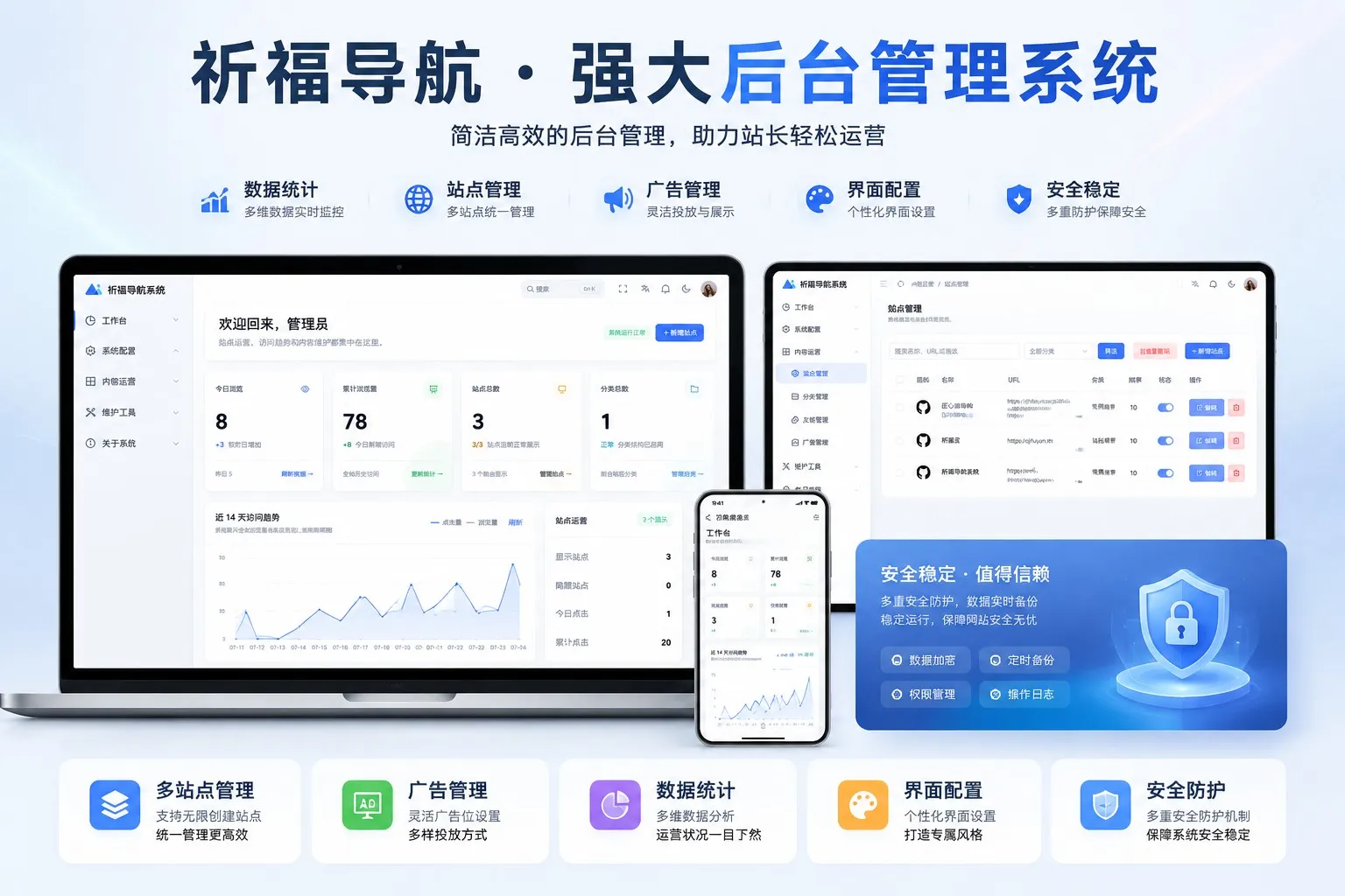 祈福导航系统 V1.7 后台重构优化支持前台虚拟在线统计一键获取站点和友联信息 修复 bug 祈福导航系统 V1.7 后台重构优化支持前台虚拟在线统计一键获取站点和友联信息 修复 bug