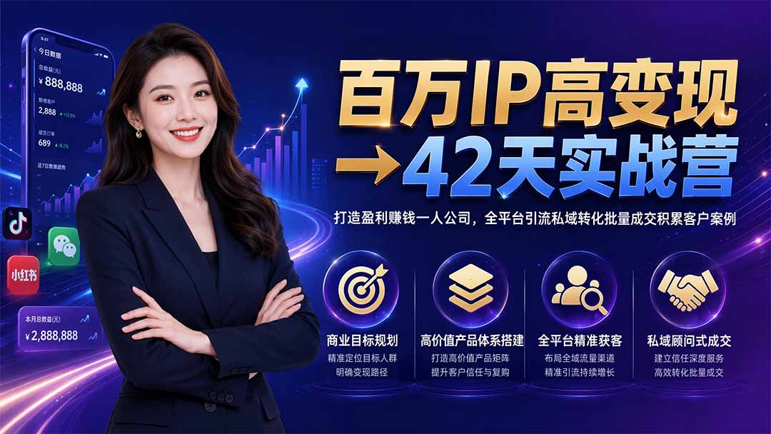 百万IP高变现→42天实战营|打造盈利赚钱一人公司,全平台引流私域转化批量成交积累客户案例-神游资源网